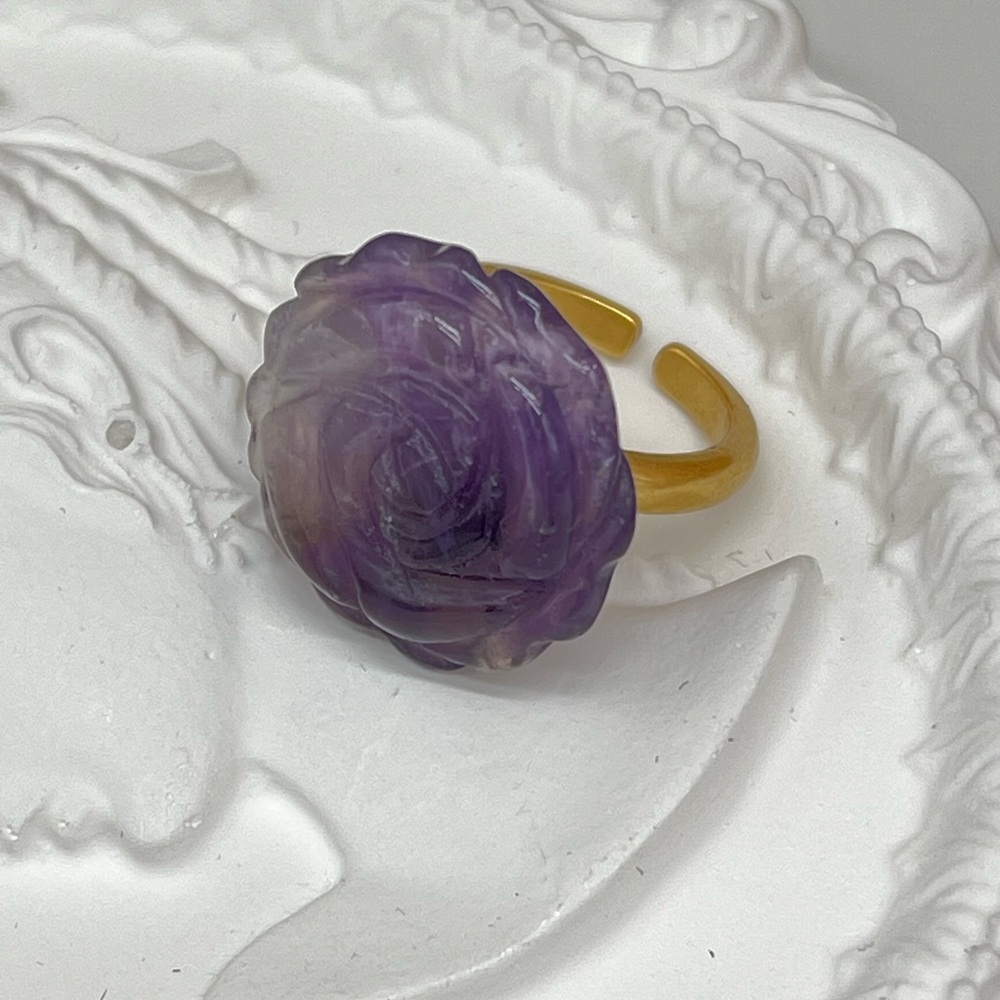 CARVED AMETHYST ROSE ADJUSTABLE RING - Picture 3 of 3